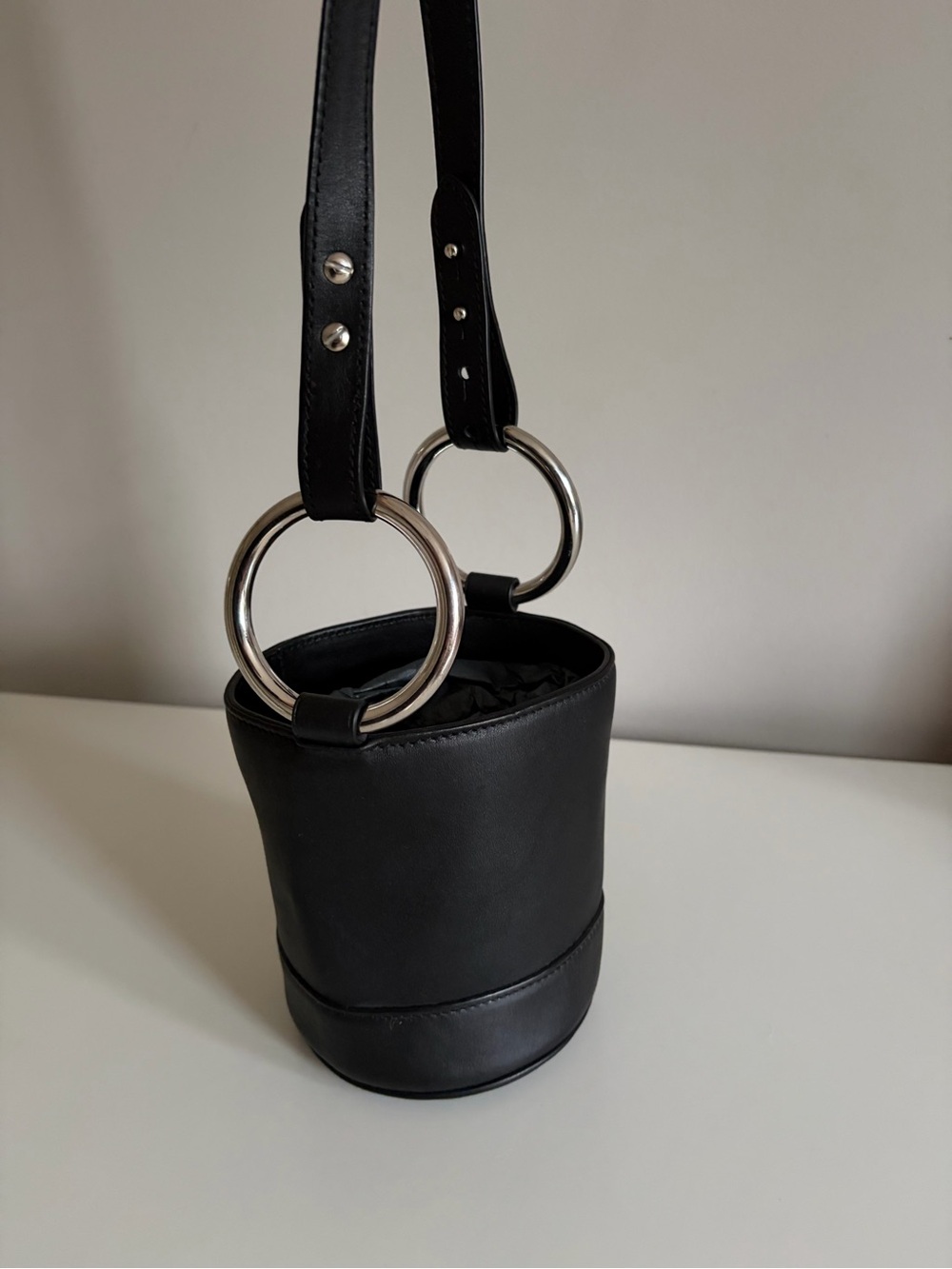 Simon Miller 15cm Bonsai Black Leather Bucket Bag with Chrome Ring Handles